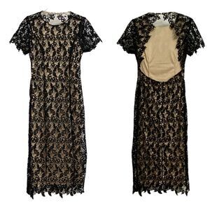 NWOT NSR Open Back Lace Overlay Midi Dress Size M Black Beige Short Sleeve Fairy